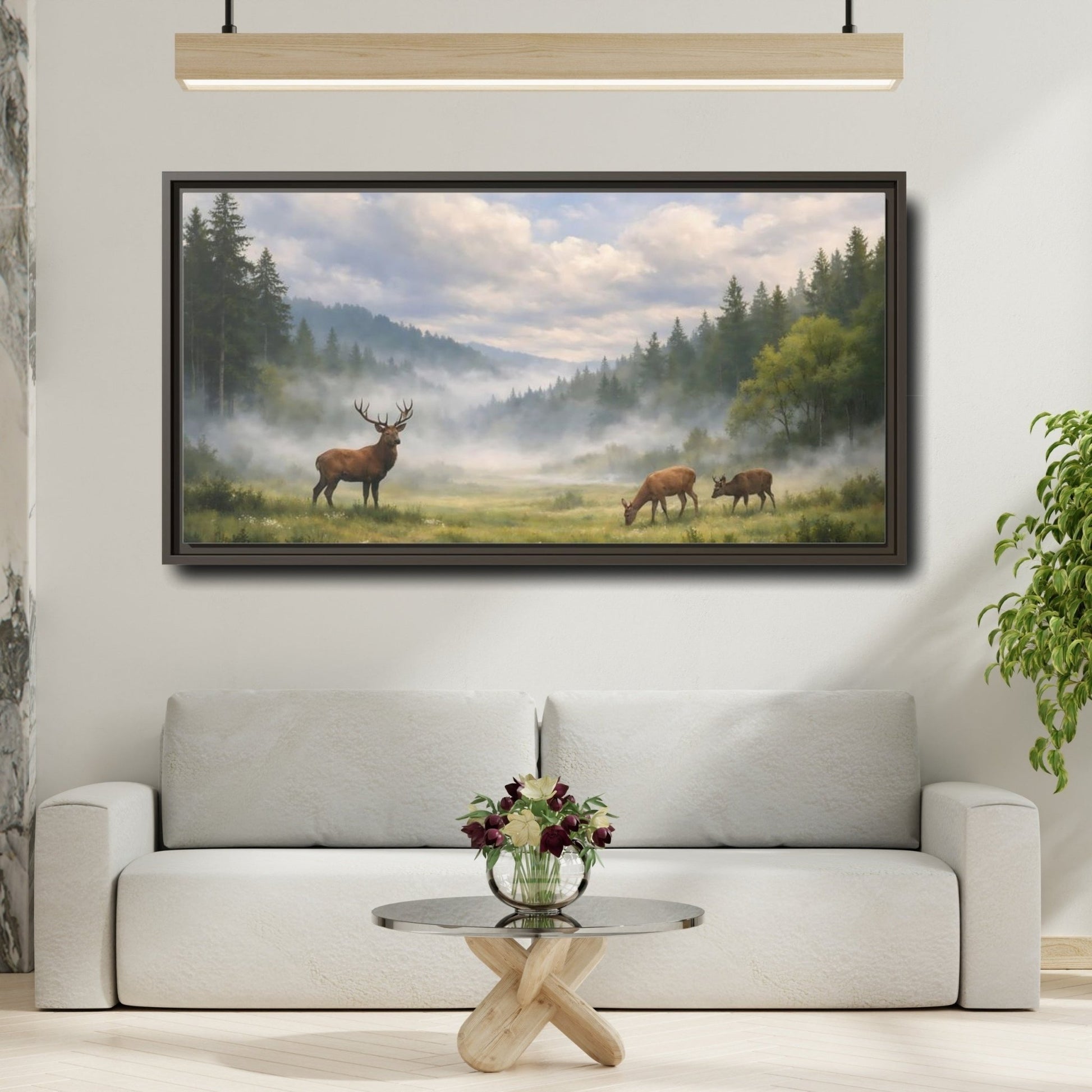 Landscape Animals Stag And Deer Misty - Framed Canvas Wall Art Print - YesArtYes