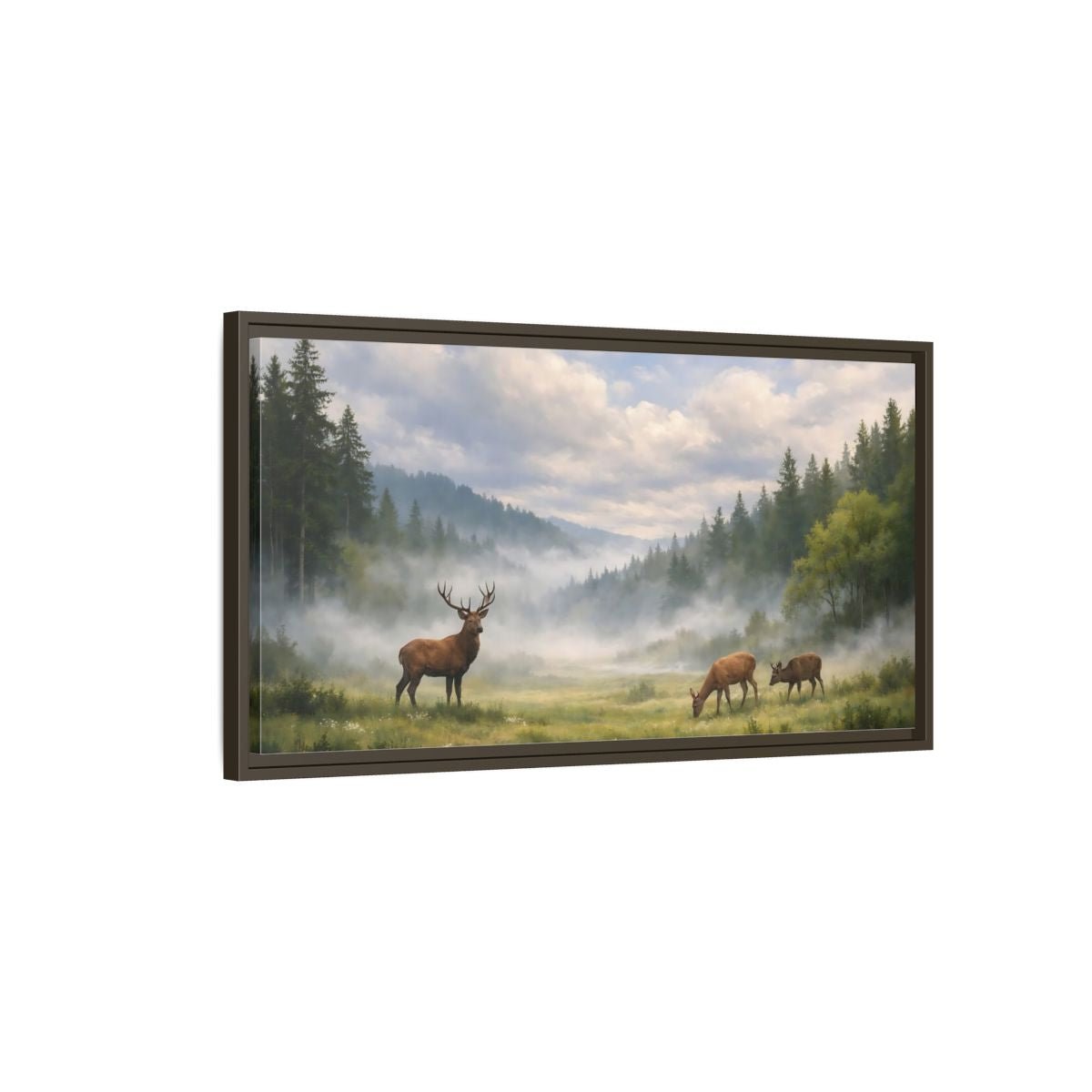 Landscape Animals Stag And Deer Misty - Framed Canvas Wall Art Print - YesArtYes