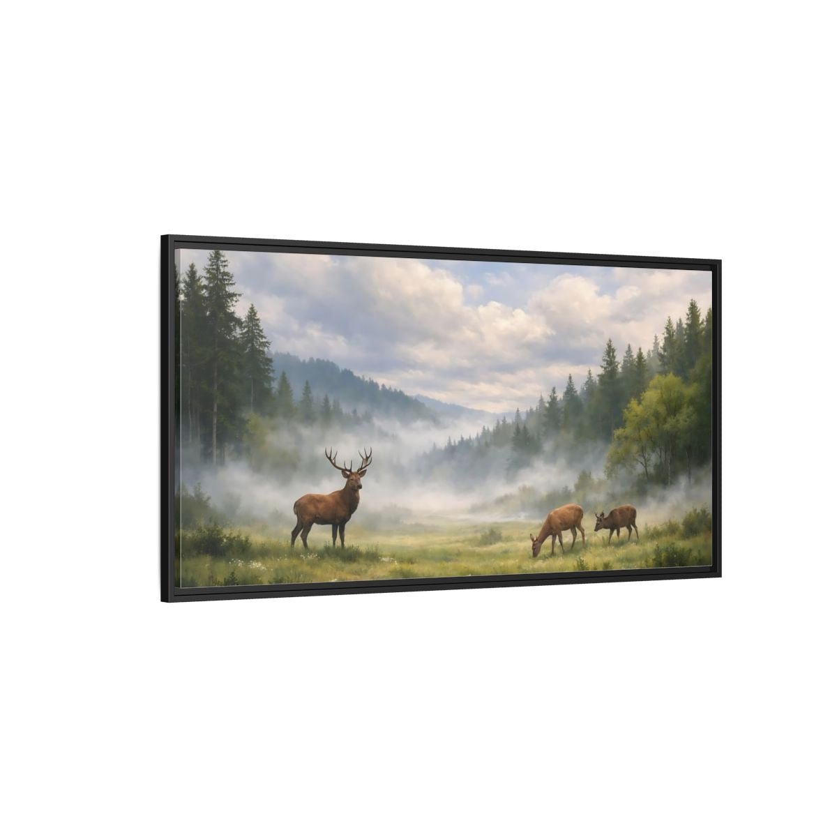 Landscape Animals Stag And Deer Misty - Framed Canvas Wall Art Print - YesArtYes