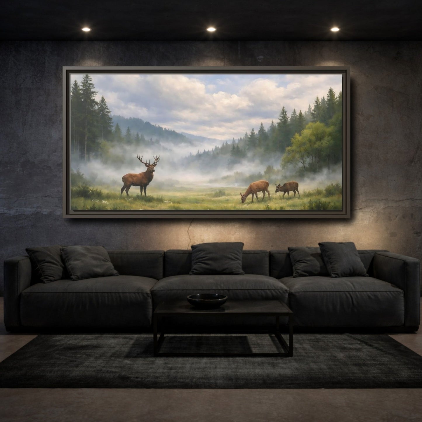 Landscape Animals Stag And Deer Misty - Framed Canvas Wall Art Print - YesArtYes