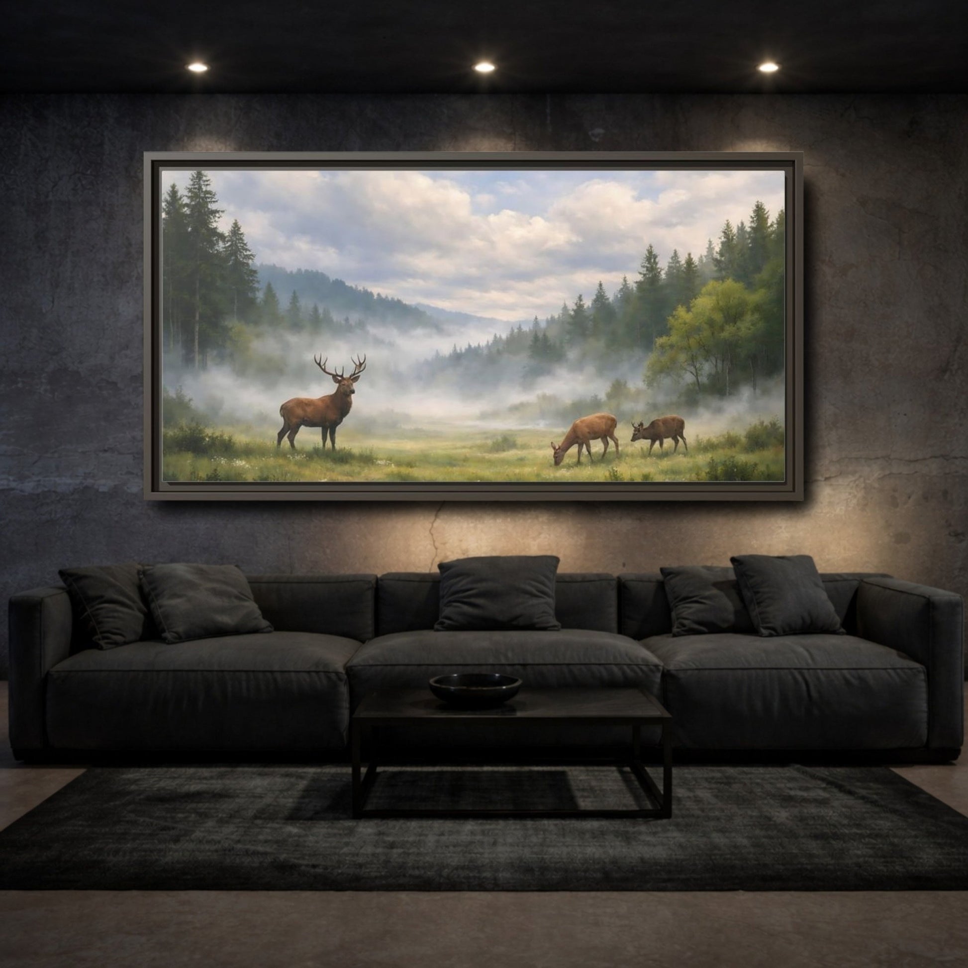 Landscape Animals Stag And Deer Misty - Framed Canvas Wall Art Print - YesArtYes
