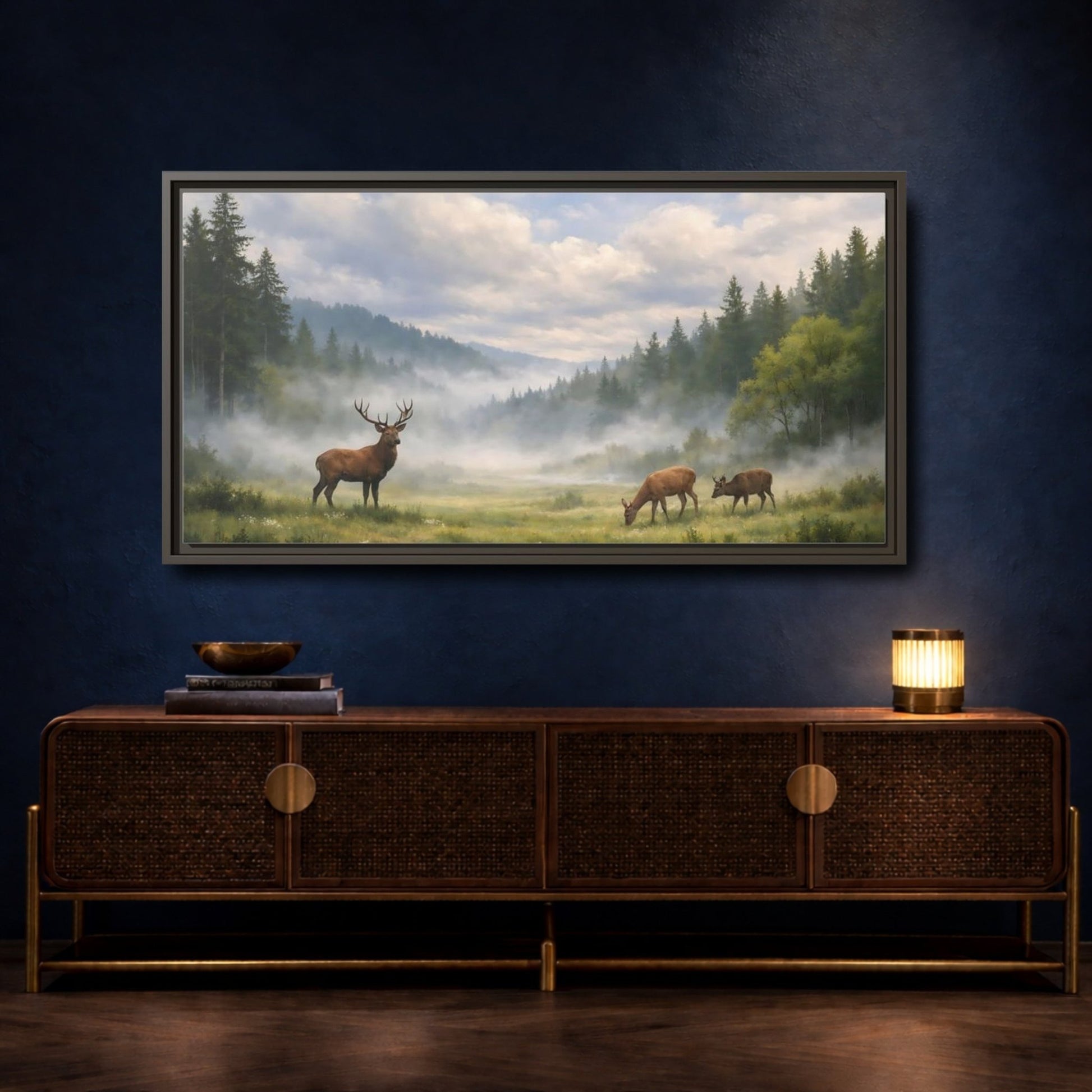Landscape Animals Stag And Deer Misty - Framed Canvas Wall Art Print - YesArtYes