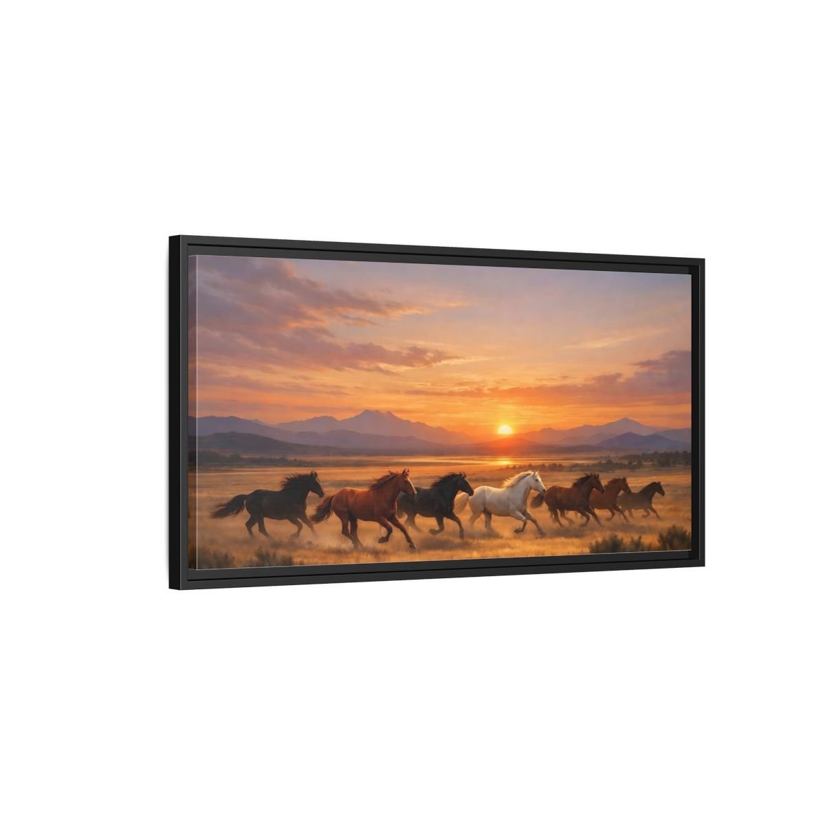 Landscape Animals Wild Horses Sunset - Framed Canvas Wall Art Print - YesArtYes