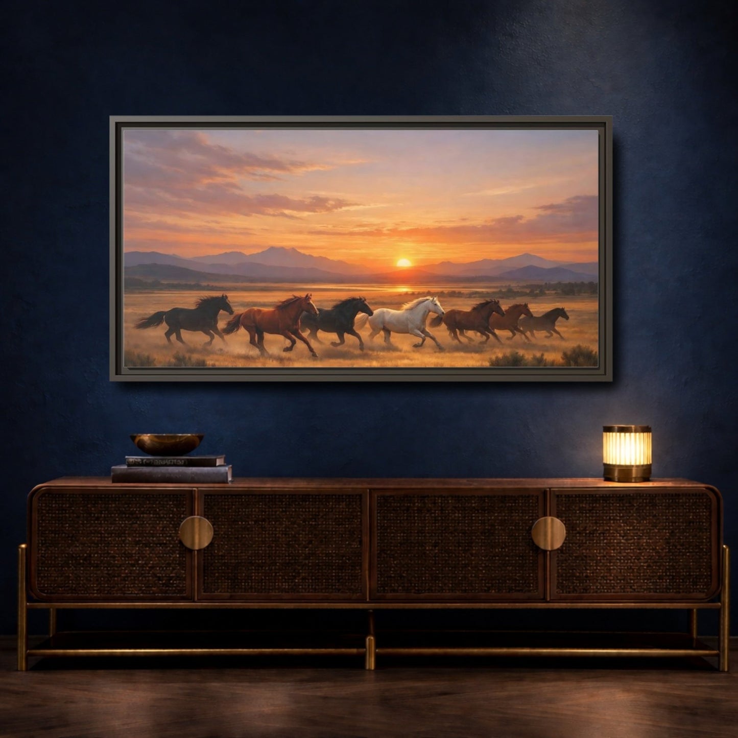 Landscape Animals Wild Horses Sunset - Framed Canvas Wall Art Print - YesArtYes