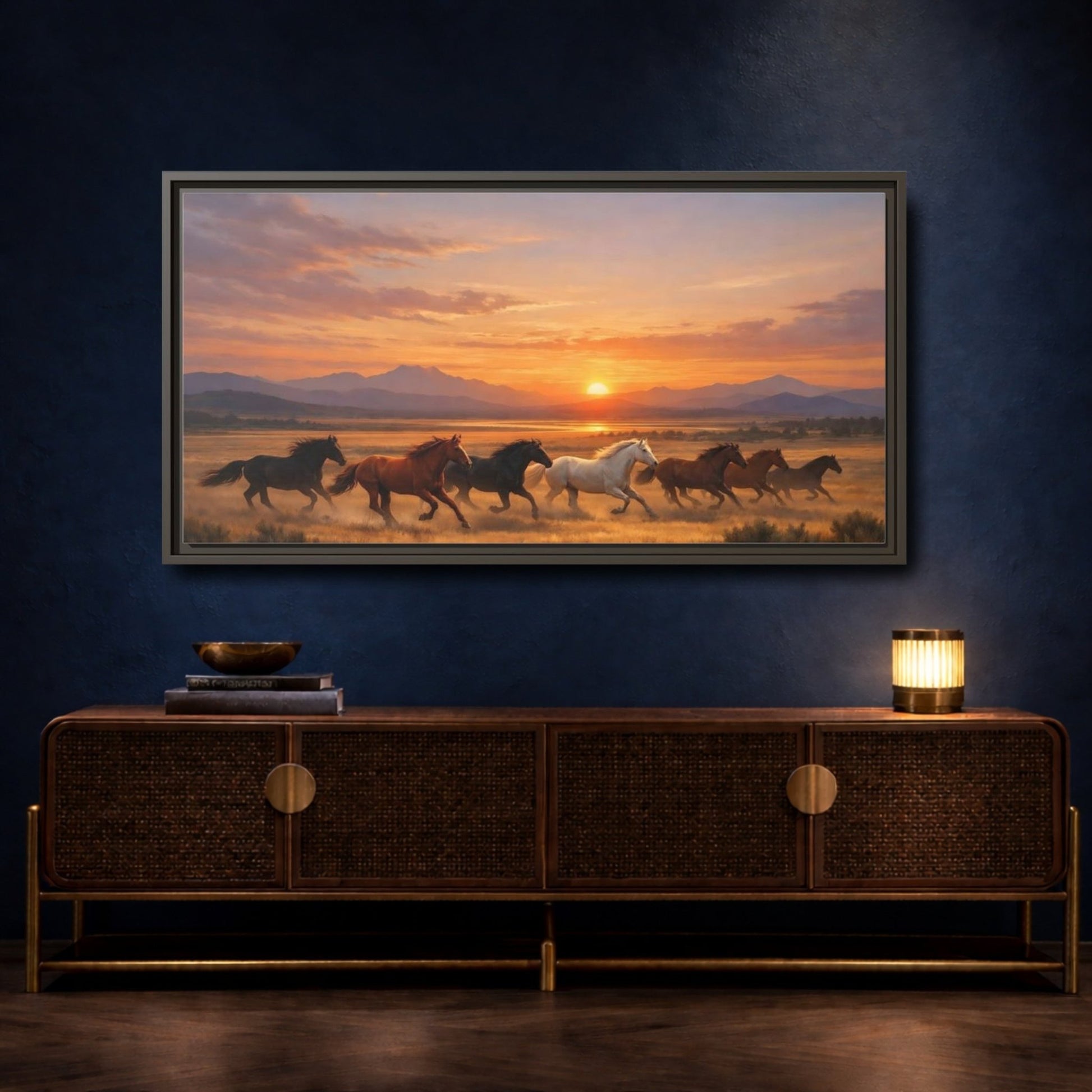 Landscape Animals Wild Horses Sunset - Framed Canvas Wall Art Print - YesArtYes
