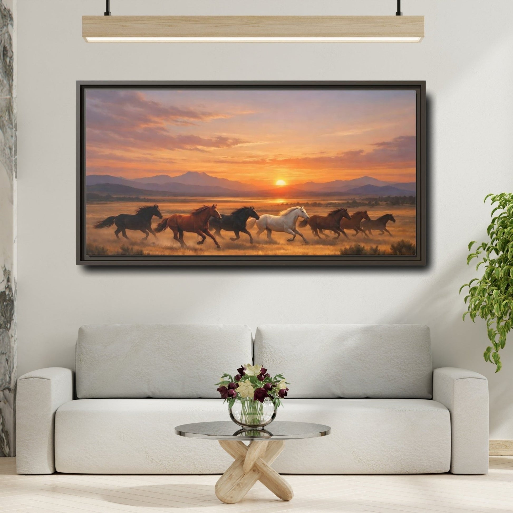 Landscape Animals Wild Horses Sunset - Framed Canvas Wall Art Print - YesArtYes