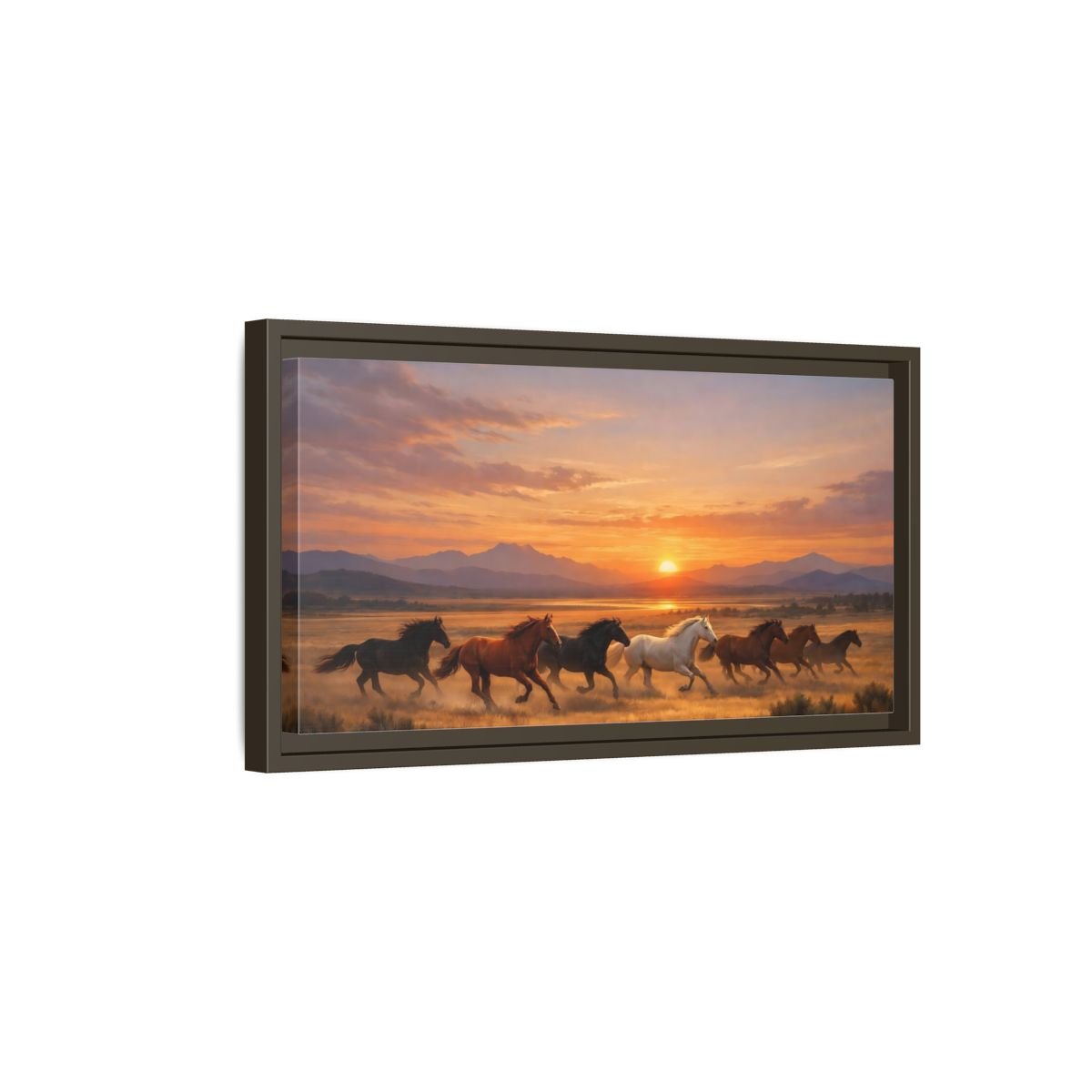 Landscape Animals Wild Horses Sunset - Framed Canvas Wall Art Print - YesArtYes
