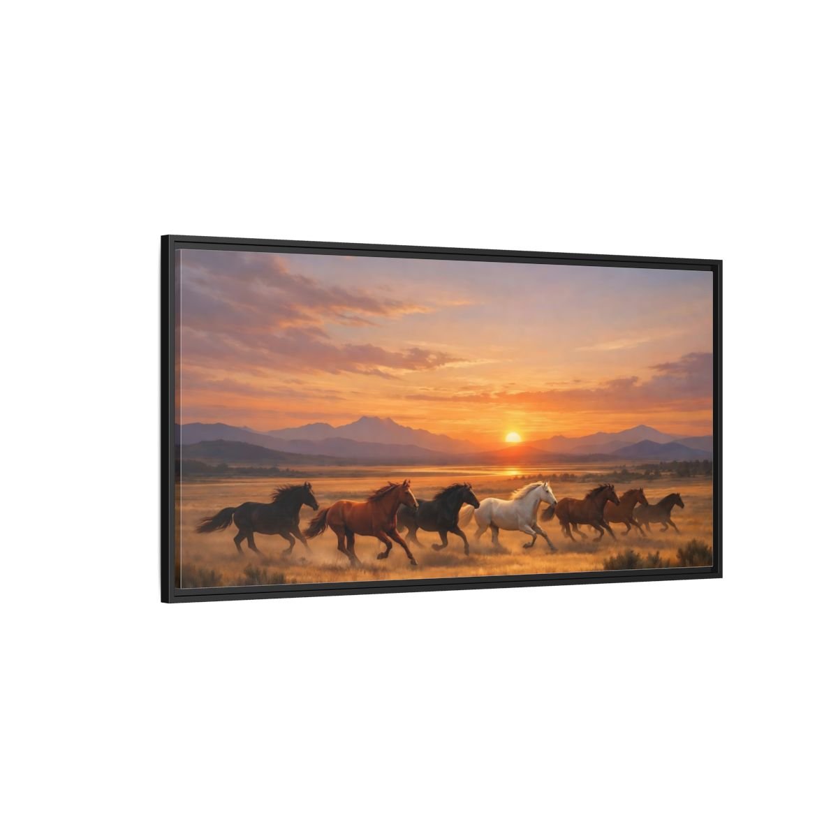 Landscape Animals Wild Horses Sunset - Framed Canvas Wall Art Print - YesArtYes
