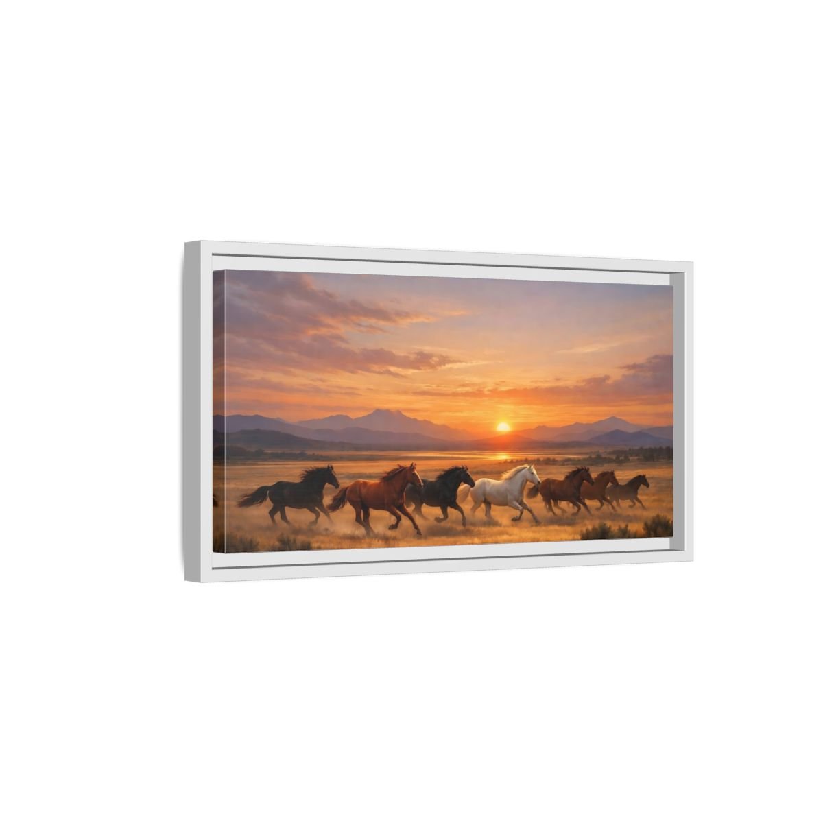 Landscape Animals Wild Horses Sunset - Framed Canvas Wall Art Print - YesArtYes