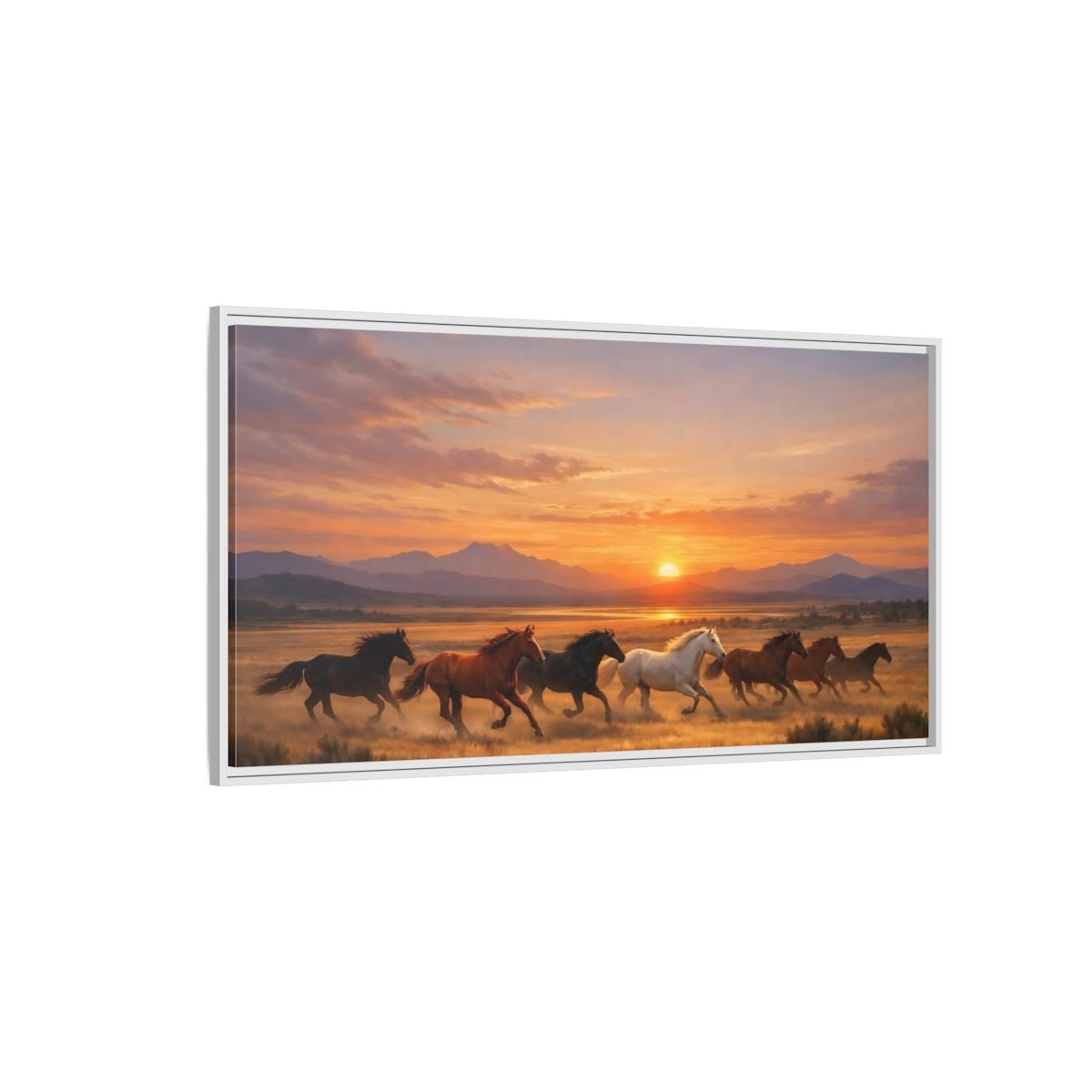 Landscape Animals Wild Horses Sunset - Framed Canvas Wall Art Print - YesArtYes