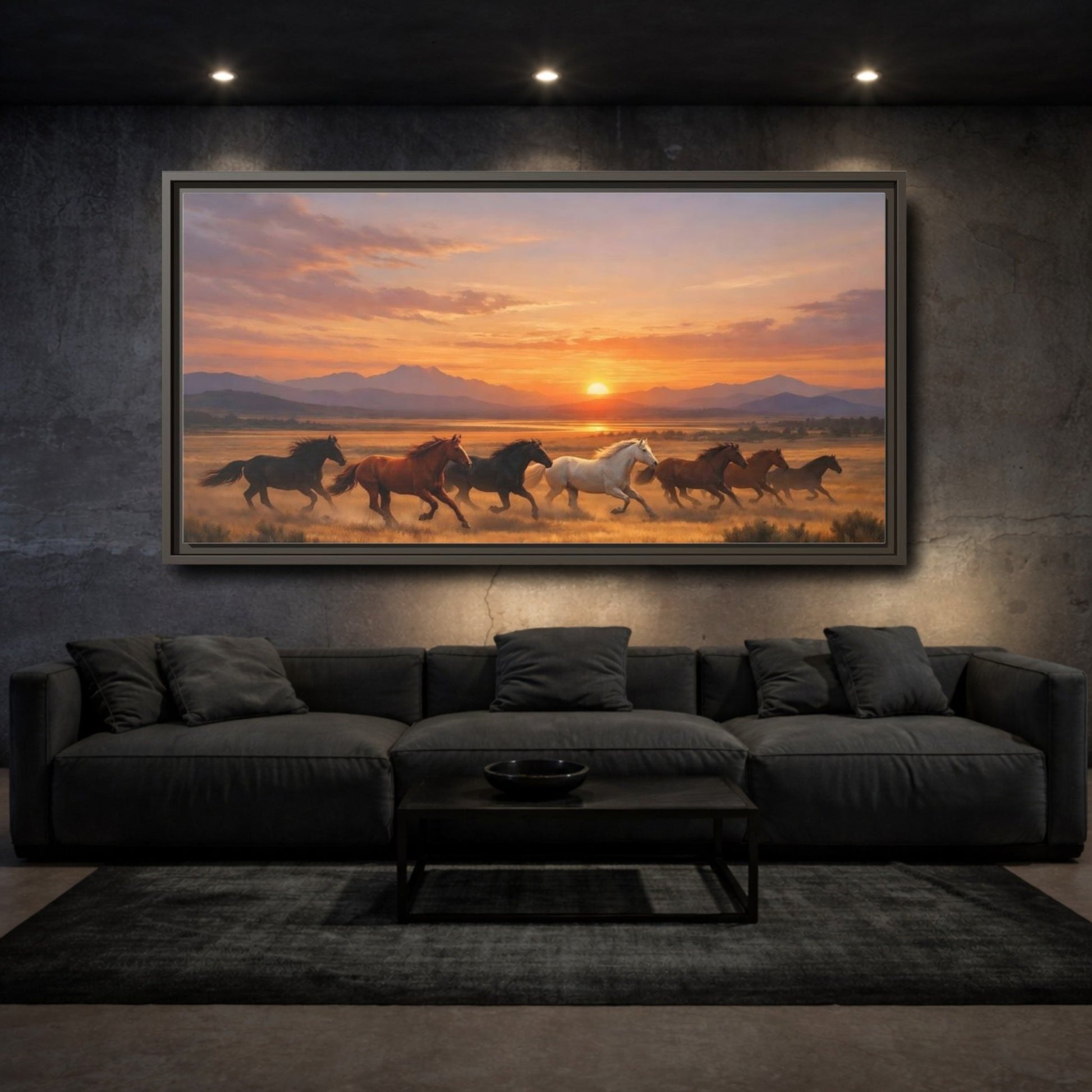 Landscape Animals Wild Horses Sunset - Framed Canvas Wall Art Print - YesArtYes