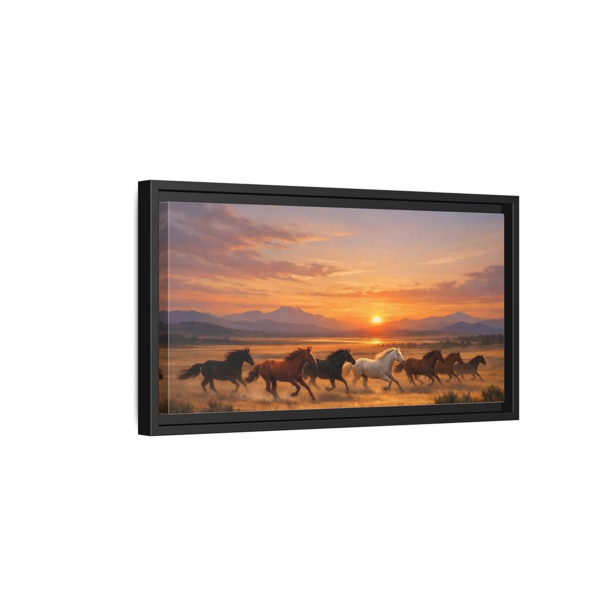 Landscape Animals Wild Horses Sunset - Framed Canvas Wall Art Print - YesArtYes
