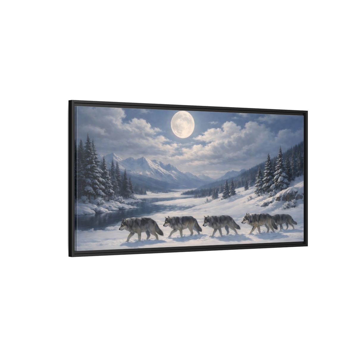 Side Mockup 5. Animals Wolf Pack Winter Wolves shown as stretched canvas wall art