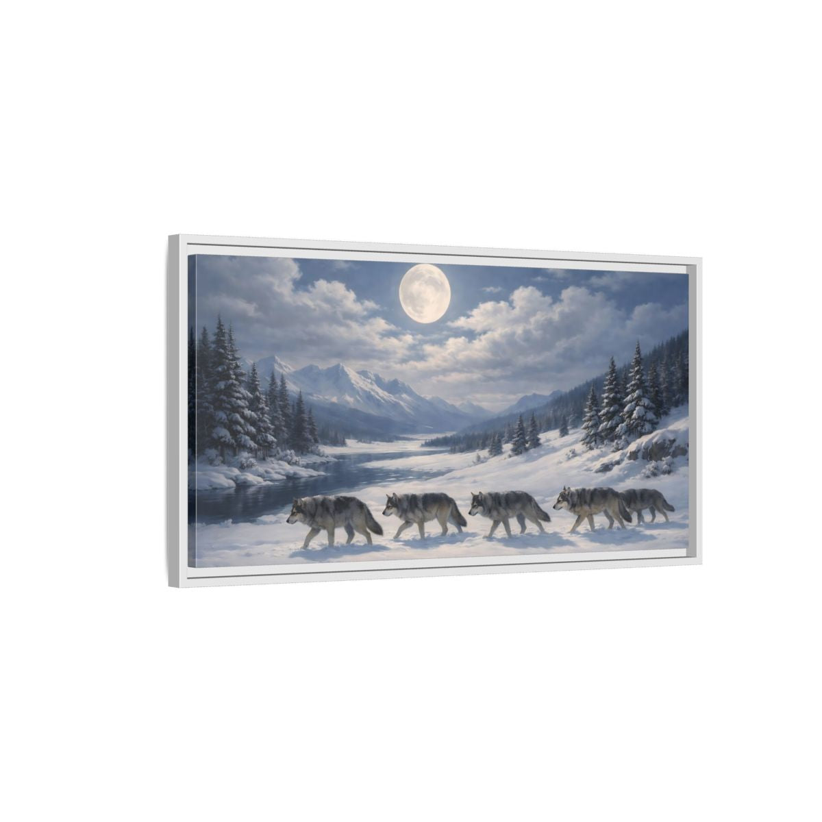 Side Mockup 1. Animals Wolf Pack Winter Wolves shown as stretched canvas wall art