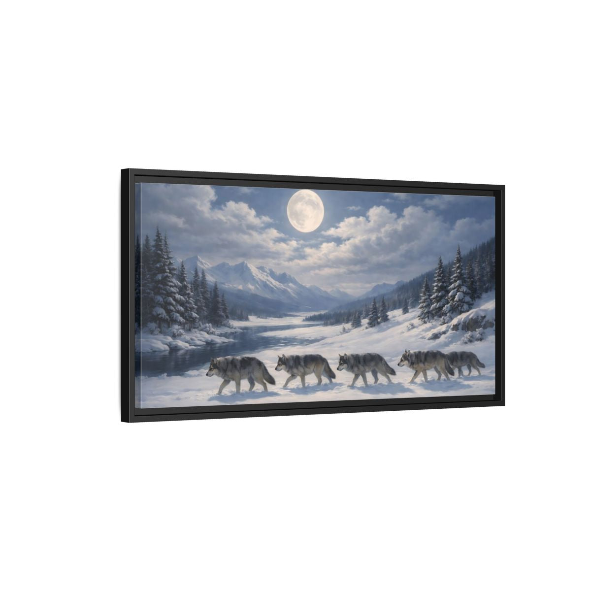 Side Mockup 2. Animals Wolf Pack Winter Wolves shown as stretched canvas wall art