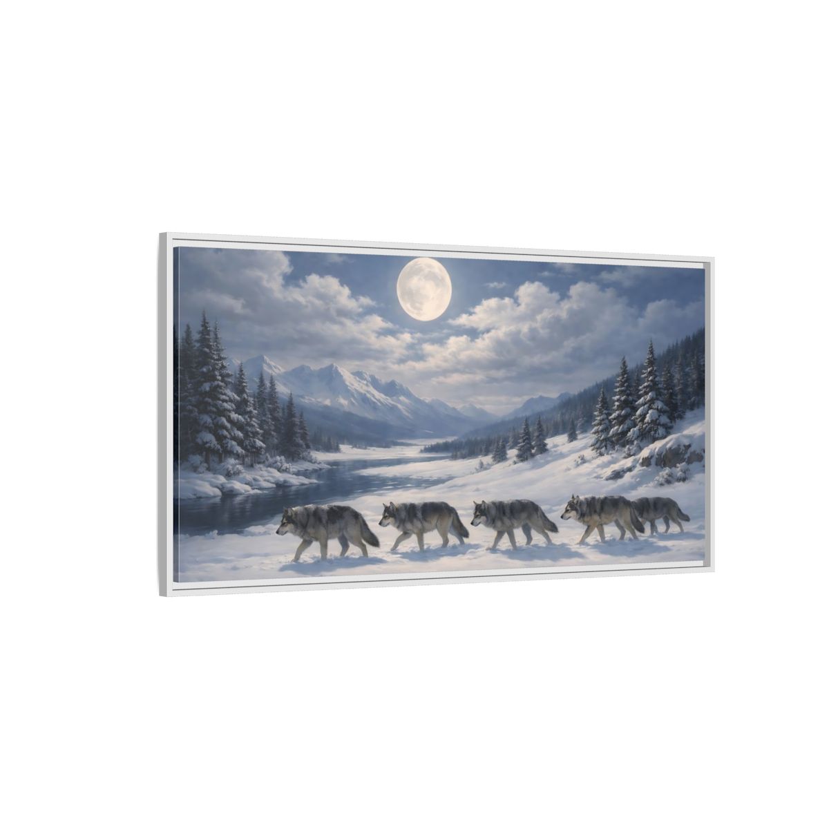 Side Mockup 3. Animals Wolf Pack Winter Wolves shown as stretched canvas wall art