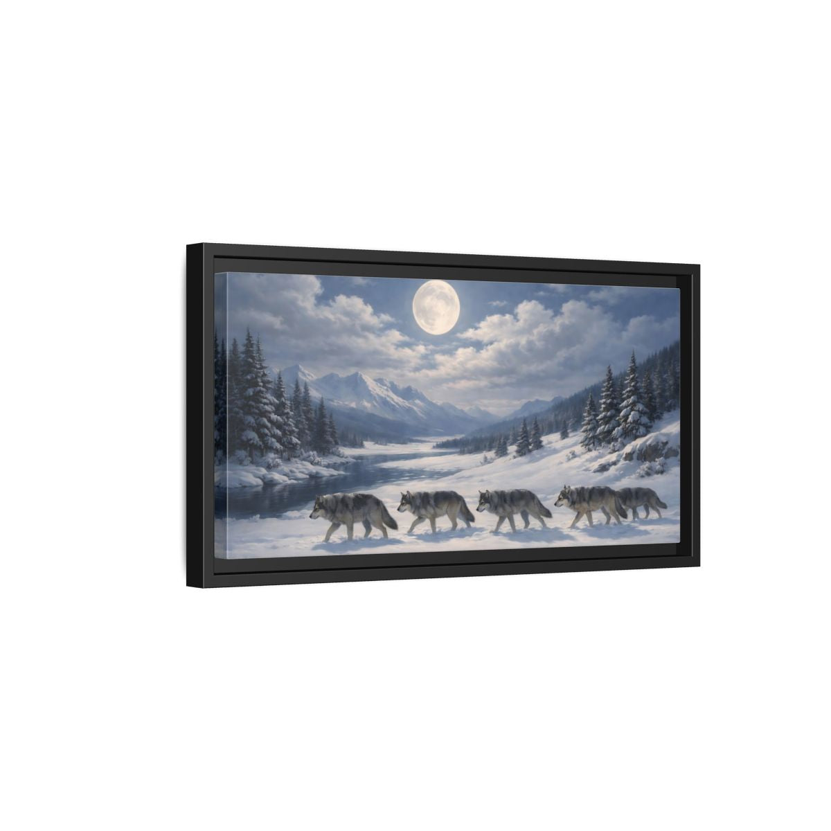 Side Mockup 8. Animals Wolf Pack Winter Wolves shown as stretched canvas wall art