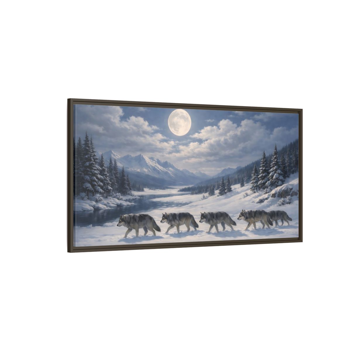 Side Mockup 4. Animals Wolf Pack Winter Wolves shown as stretched canvas wall art
