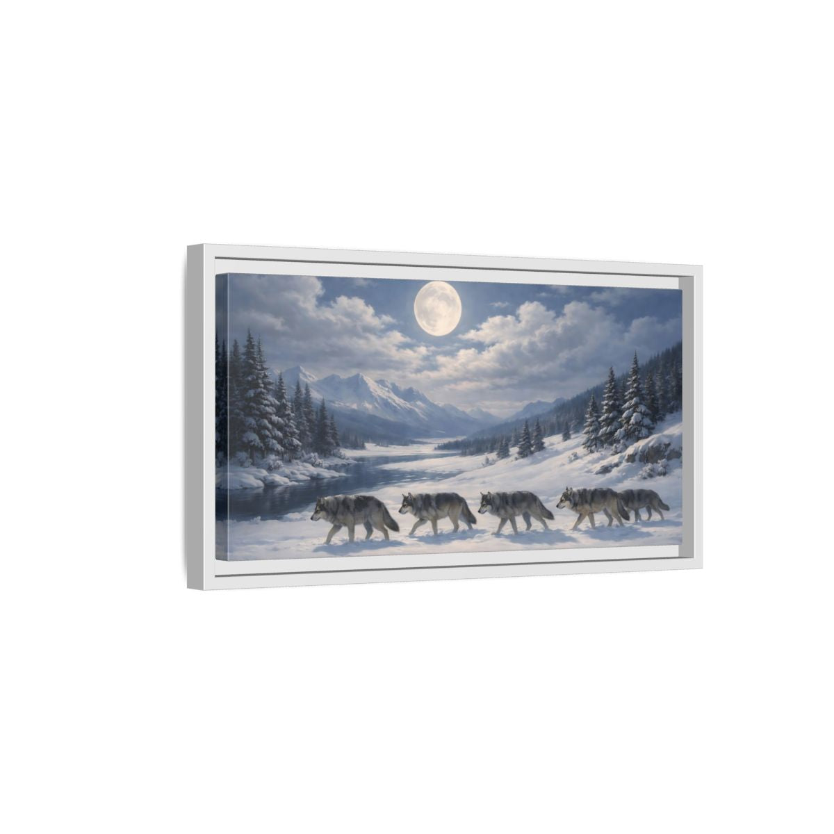 Side Mockup 6. Animals Wolf Pack Winter Wolves shown as stretched canvas wall art