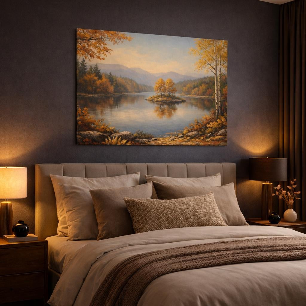 Landscape Autumn Leaves shown as canvas wall art in a luxury bedroom