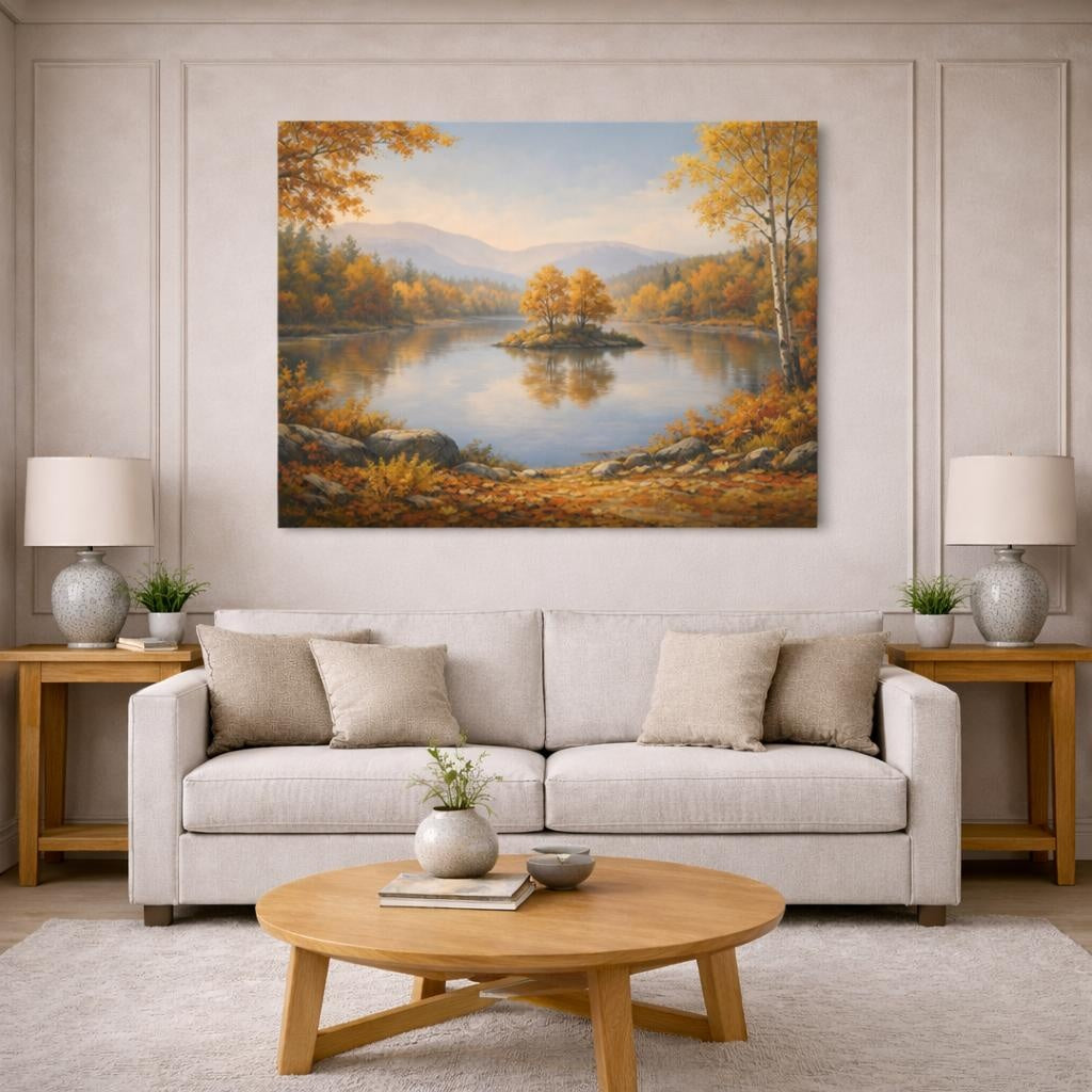 Landscape Autumn Leaves shown as canvas wall art in a modern living room