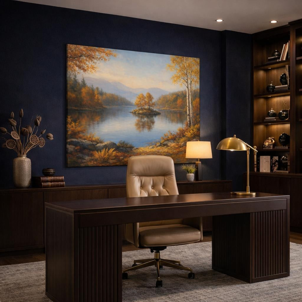 Landscape Autumn Leaves shown as canvas wall art in a refined dining room
