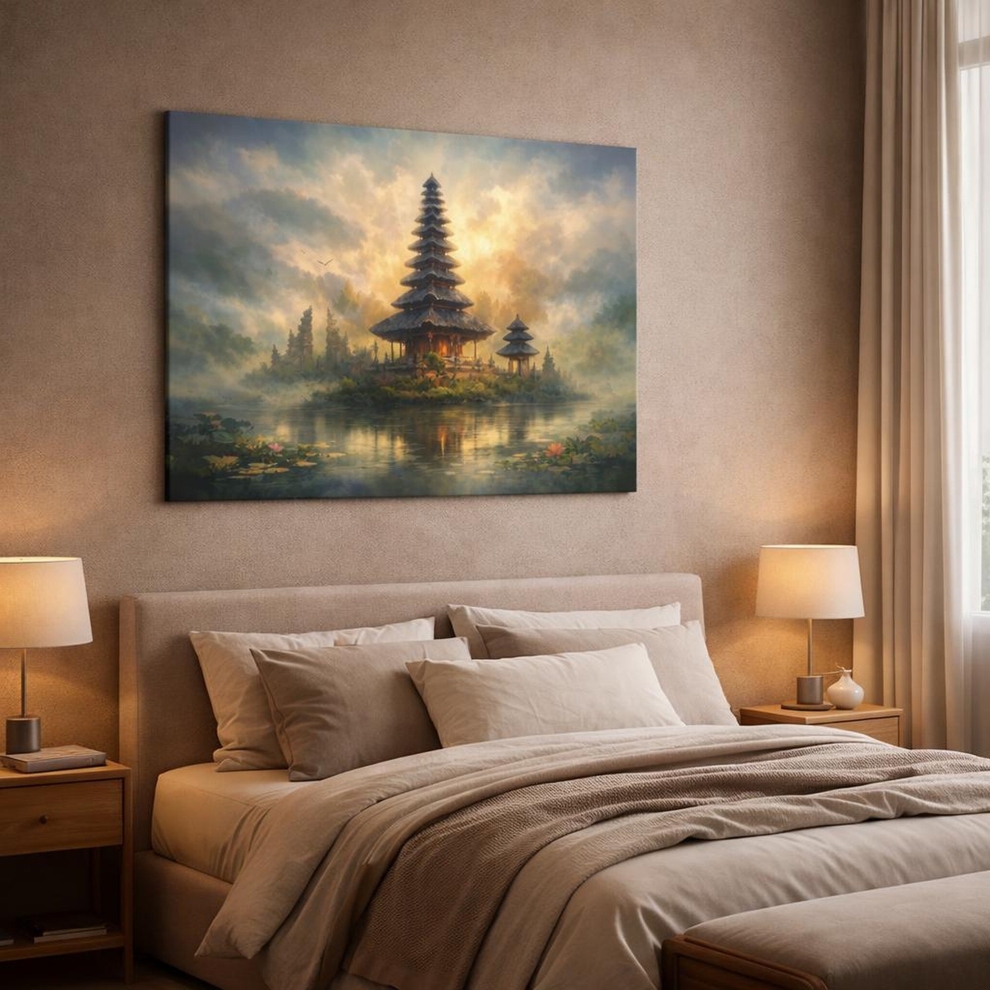 Landscape Bali Temple shown as canvas wall art in a luxury bedroom