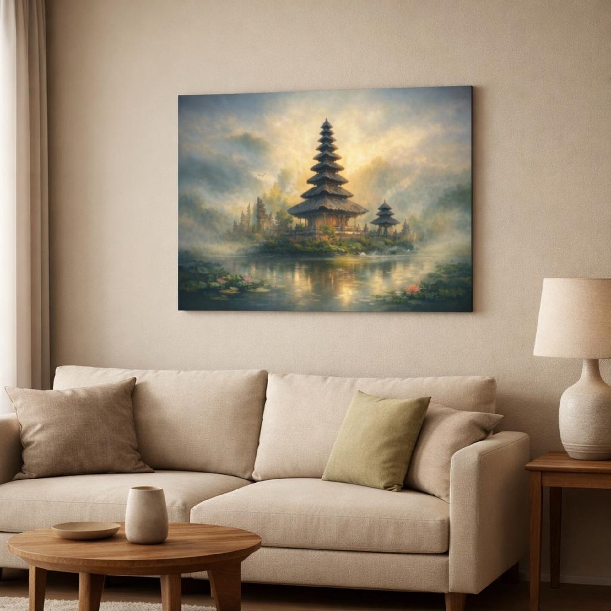 Landscape Bali Temple shown as canvas wall art in a modern living room