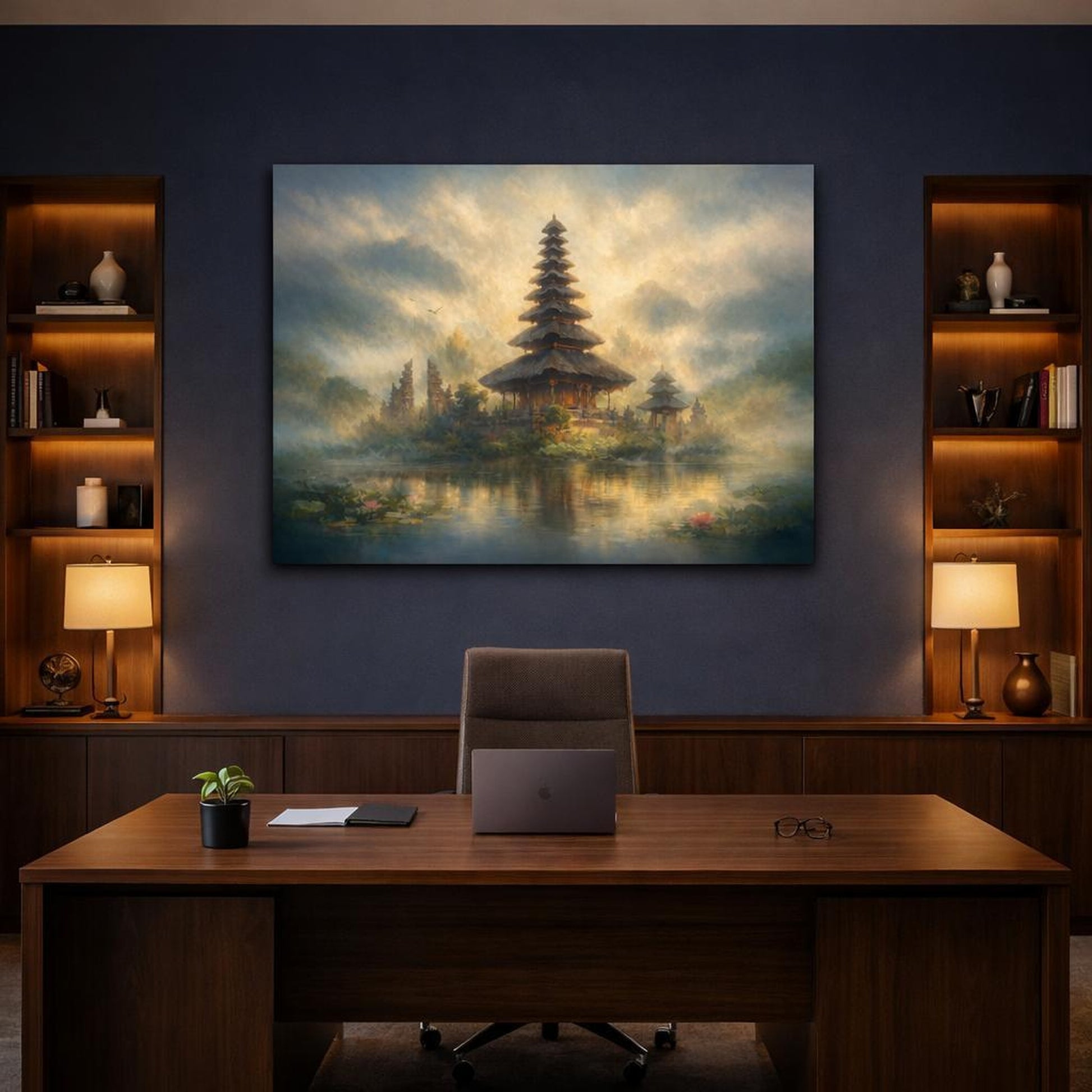 Landscape Bali Temple shown as canvas wall art in a luxury executive office