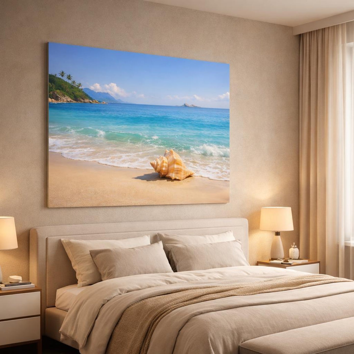 Landscape Beach Turquoise shown as canvas wall art in a luxury bedroom