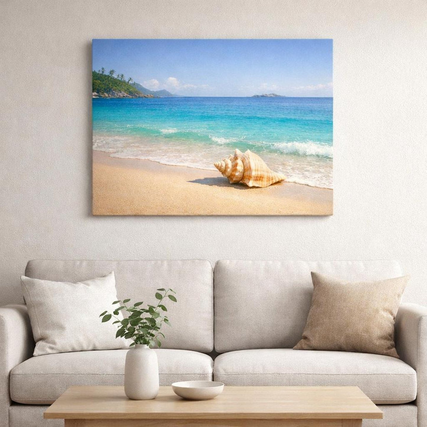 Landscape Beach Turquoise shown as canvas wall art in a refined dining room