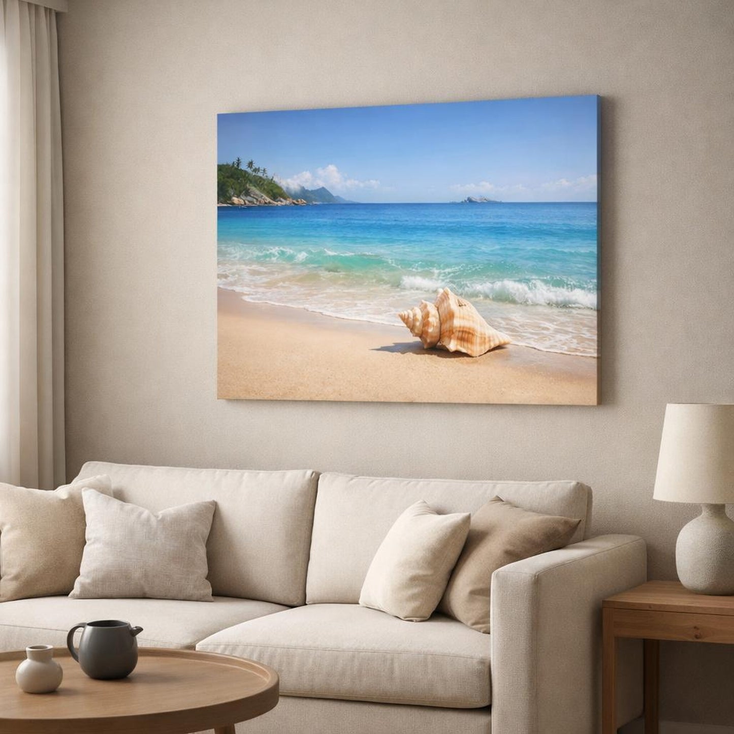 Landscape Beach Turquoise shown as canvas wall art in a modern living room