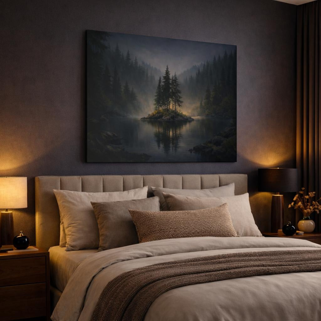 Landscape Forest Dark shown as canvas wall art in a luxury bedroom