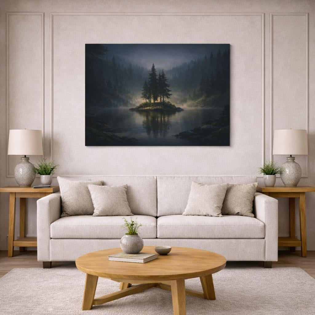 Landscape Forest Dark shown as canvas wall art in a modern living room