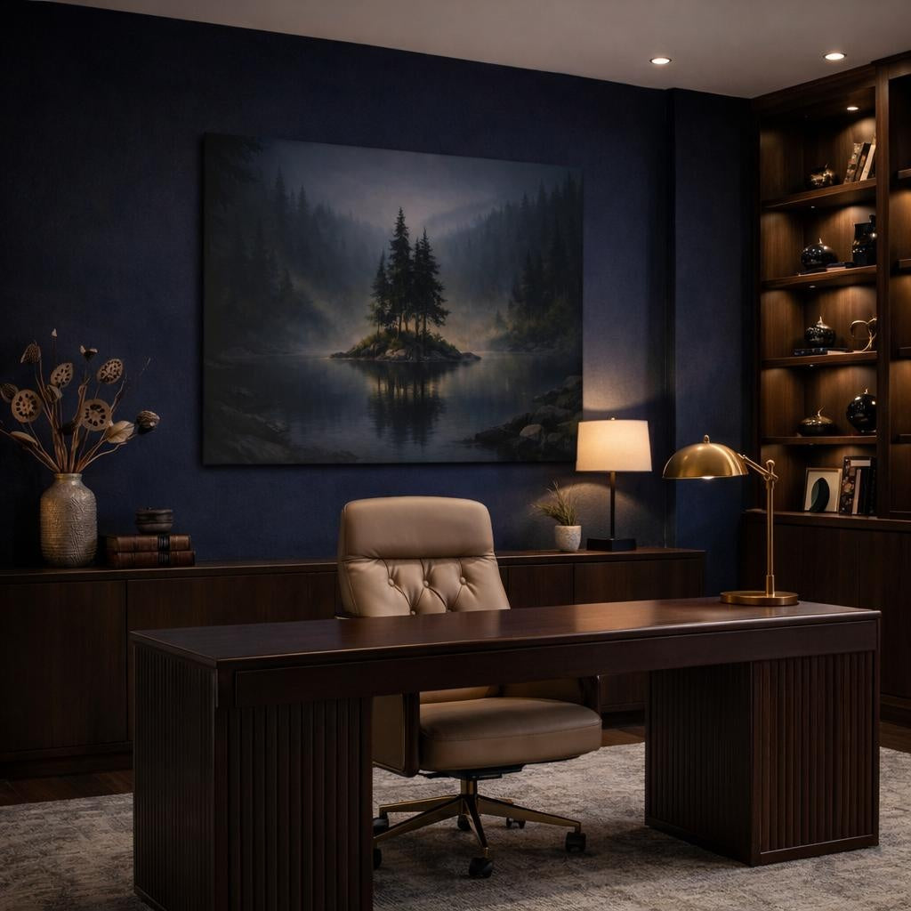 Landscape Forest Dark shown as canvas wall art in a luxury executive office