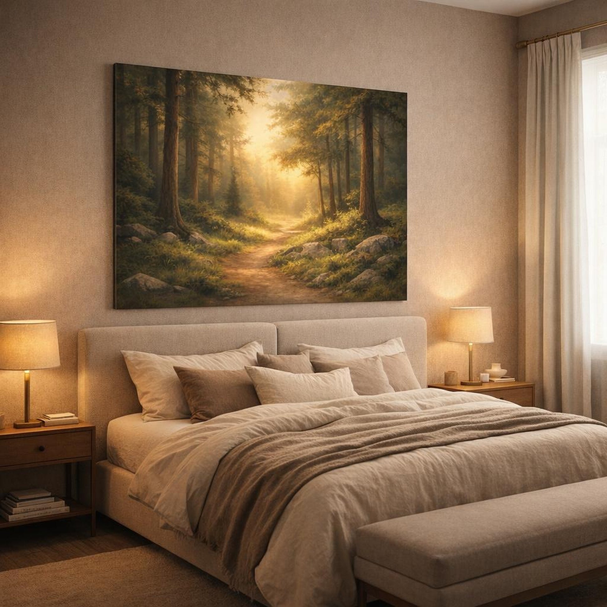 Landscape Forest Trail shown as canvas wall art in a luxury bedroom