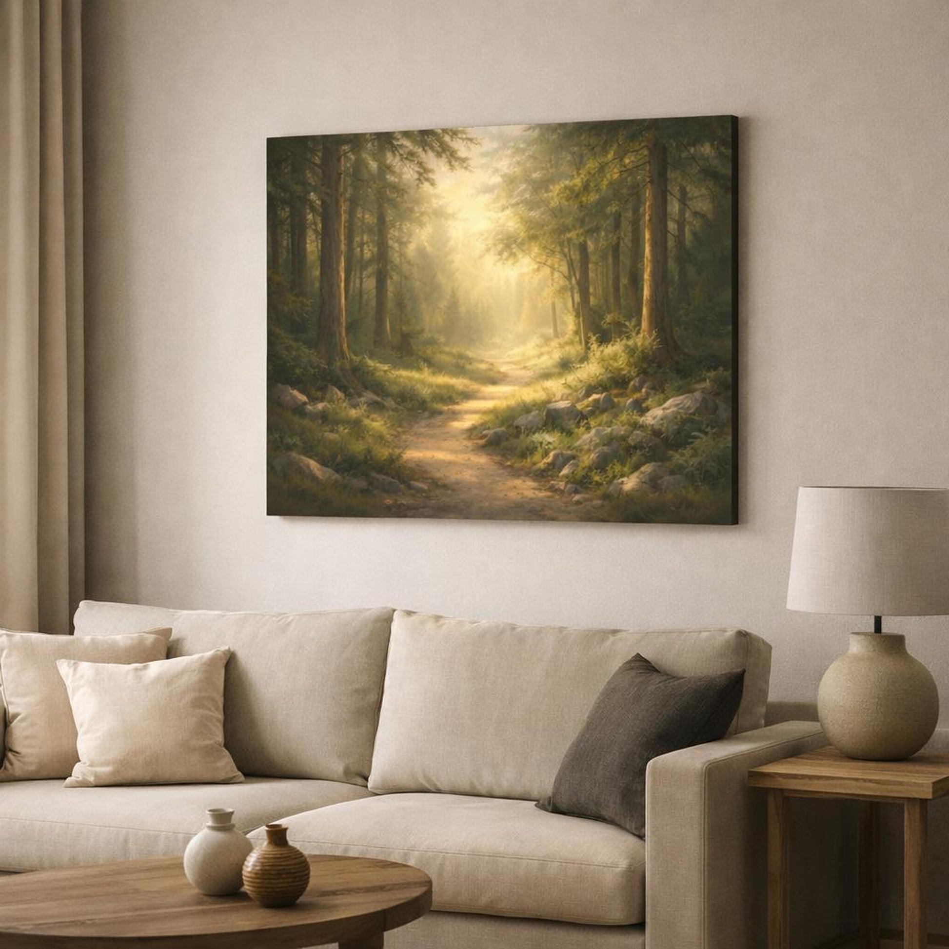Landscape Forest Trail shown as canvas wall art in a modern living room