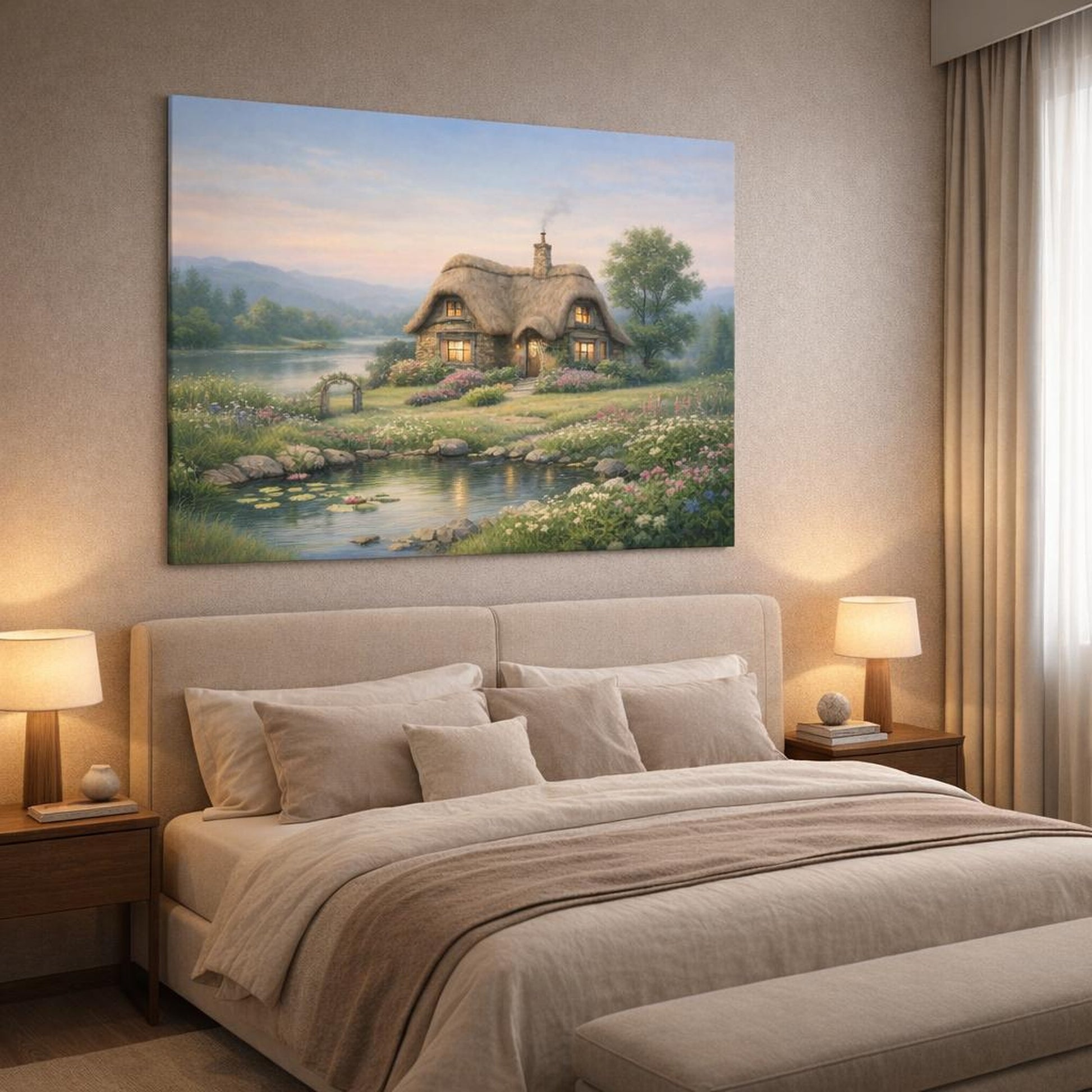 Landscape Garden Cottage shown as canvas wall art in a luxury bedroom