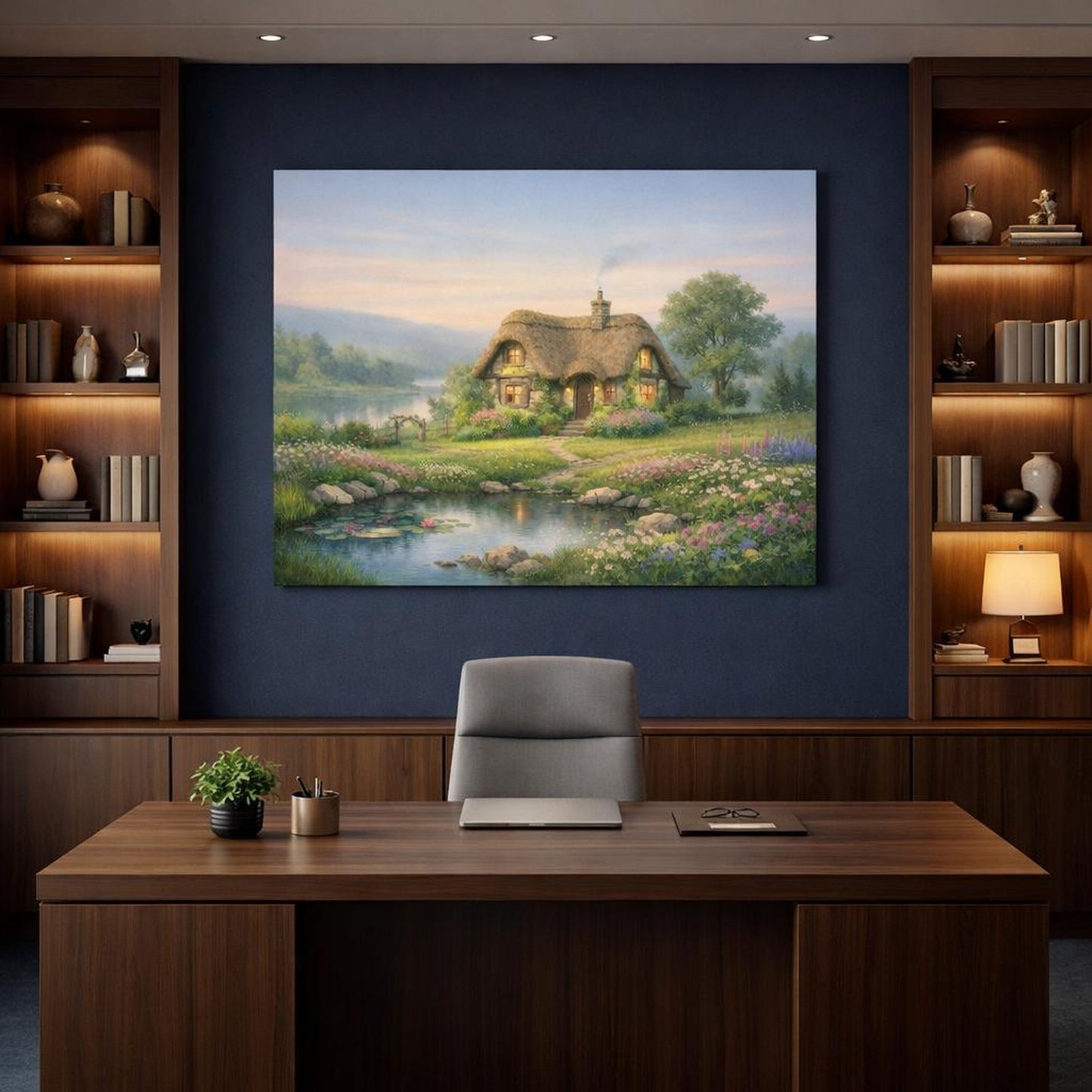 Landscape Garden Cottage shown as canvas wall art in a refined dining room