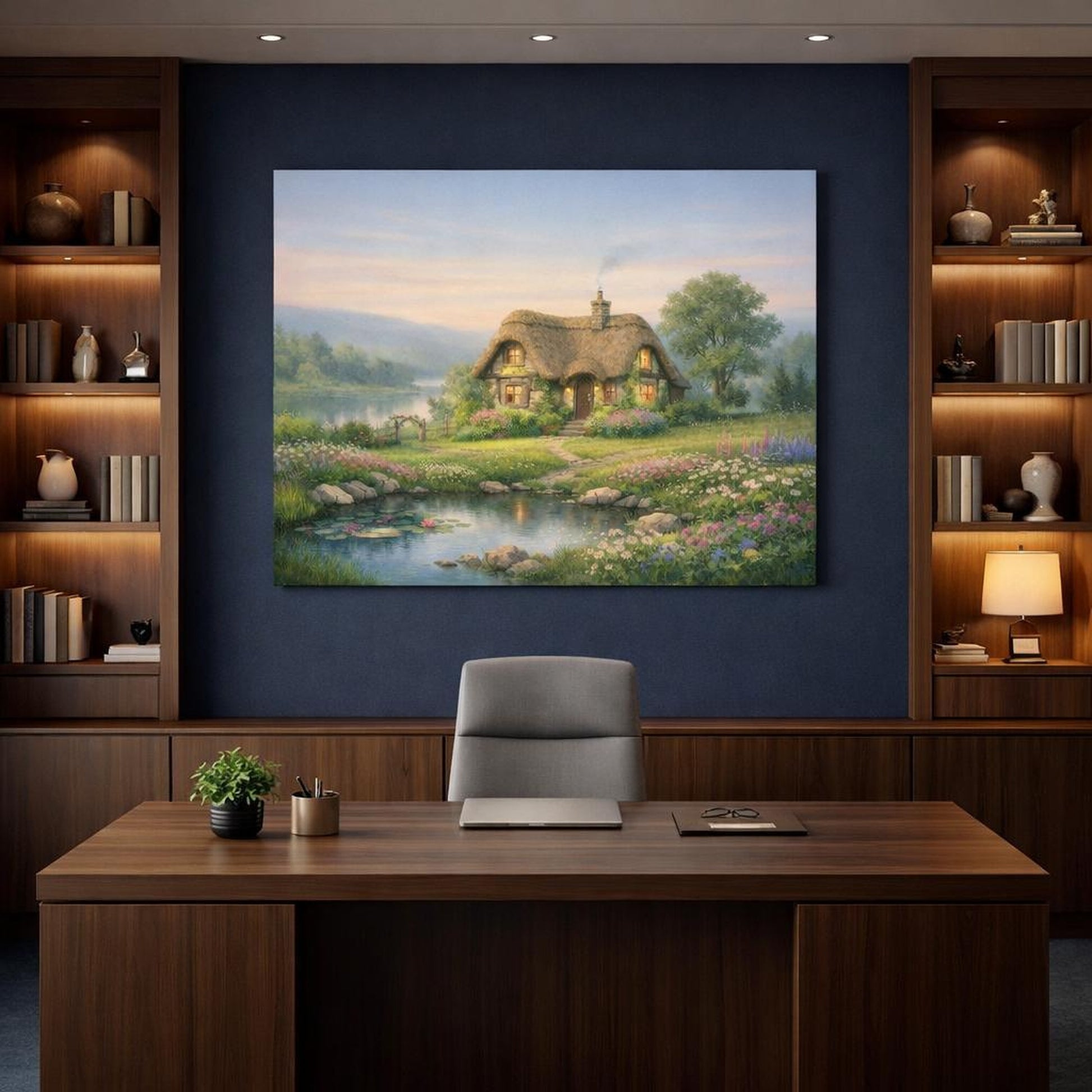 Landscape Garden Cottage shown as canvas wall art in a refined dining room