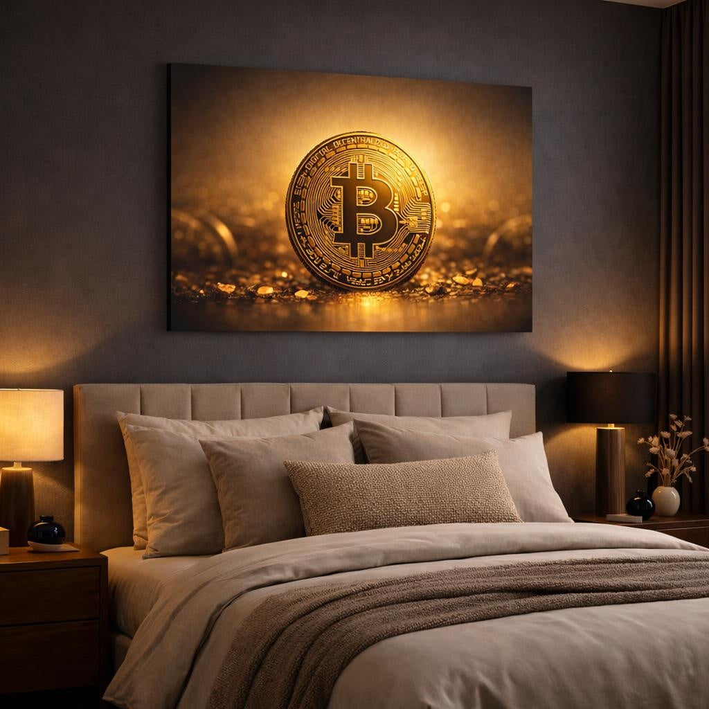 Landscape Gold Bitcoin Coin shown as canvas wall art in a luxury bedroom