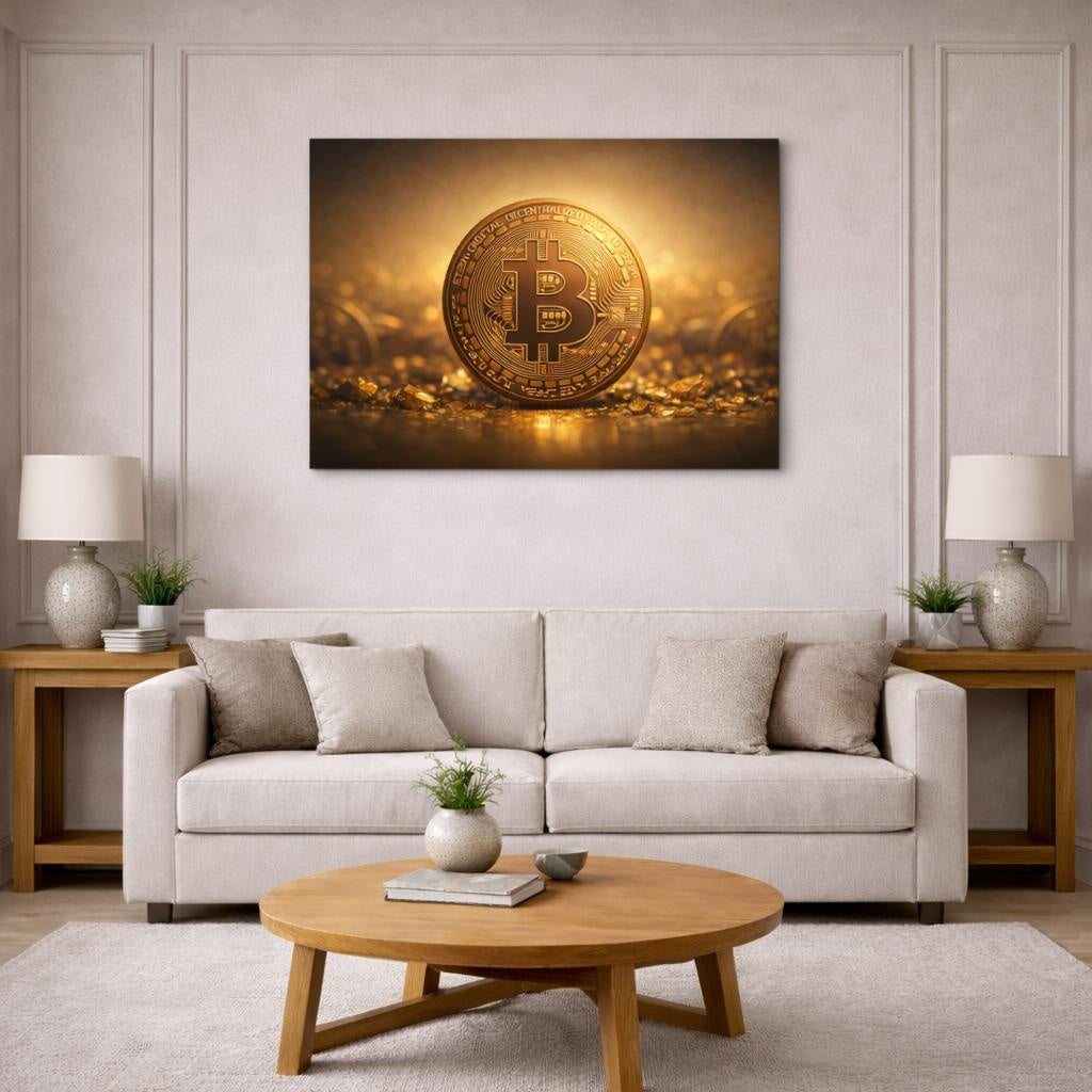 Landscape Gold Bitcoin Coin shown as canvas wall art in a modern living room