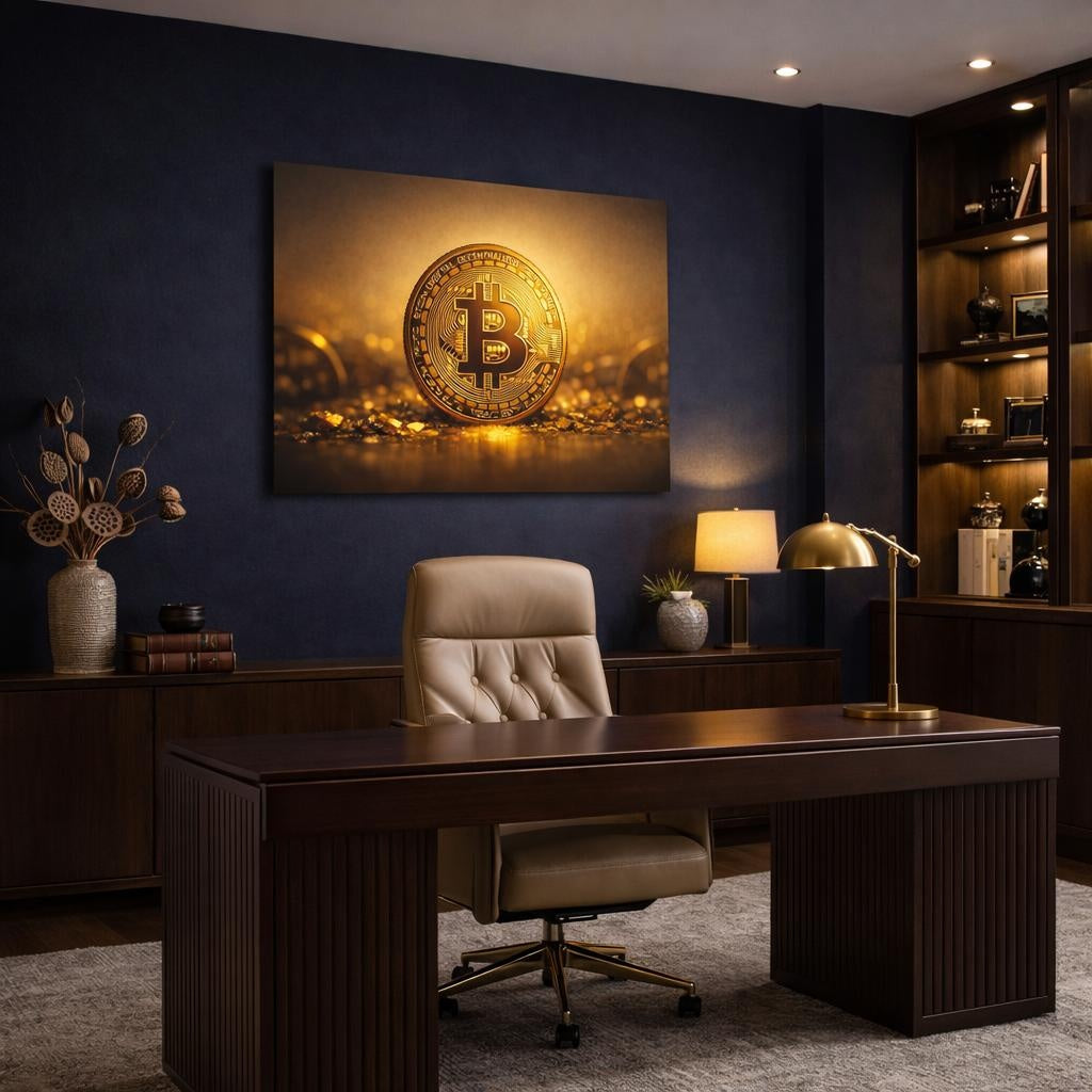 Landscape Gold Bitcoin Coin shown as canvas wall art in a refined dining room