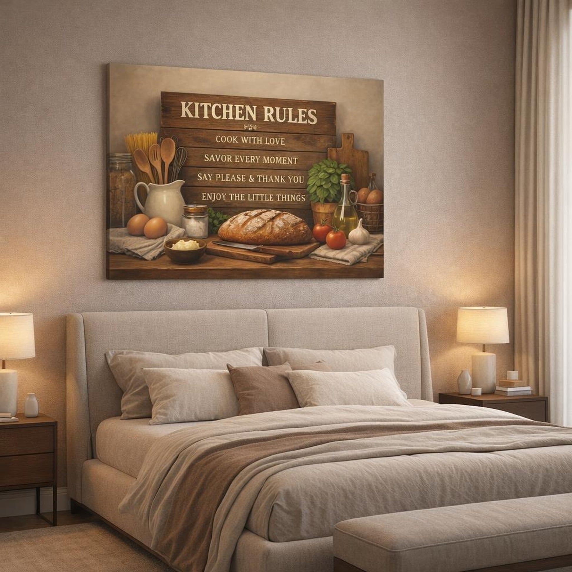 Landscape Kitchen Rules shown as canvas wall art in a luxury bedroom