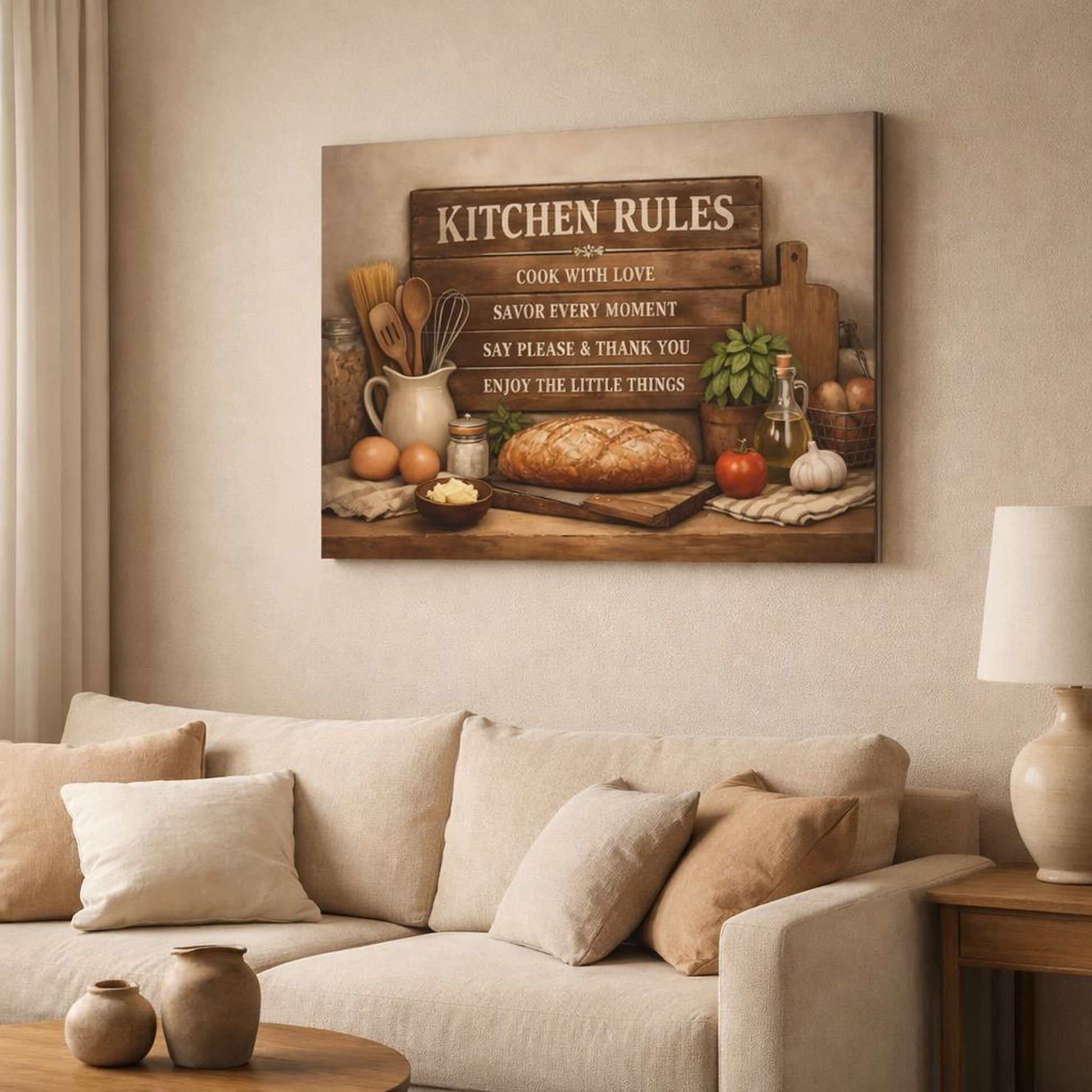 Landscape Kitchen Rules shown as canvas wall art in a modern living room