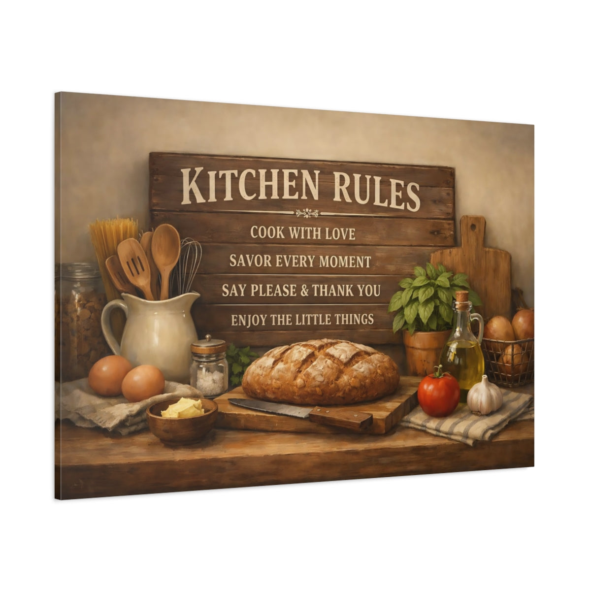 Landscape Kitchen Rules shown as stretched canvas wall art