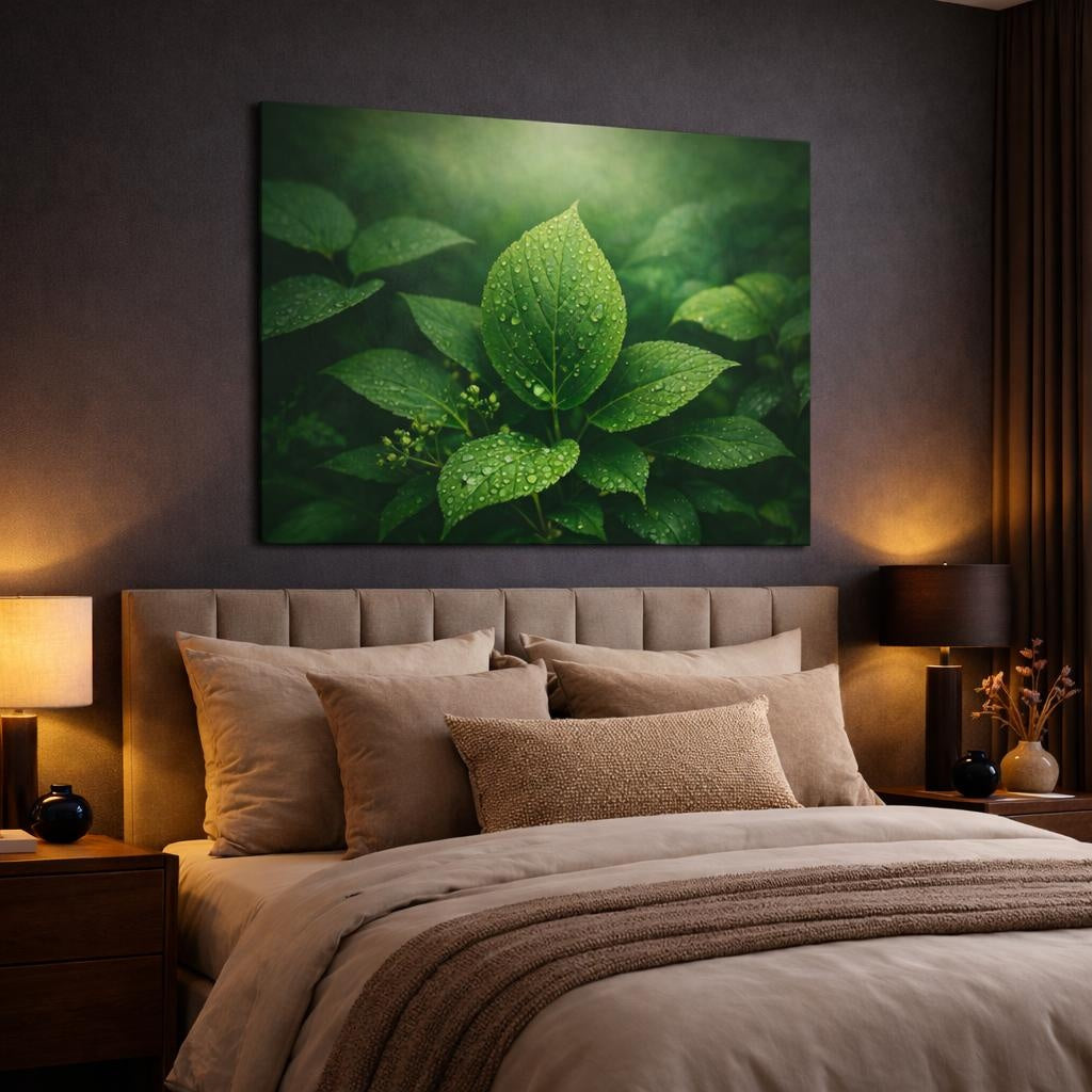 Landscape Leaves Greenery shown as canvas wall art in a luxury bedroom