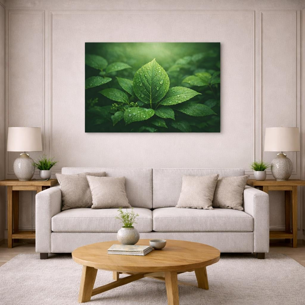 Landscape Leaves Greenery shown as canvas wall art in a modern living room