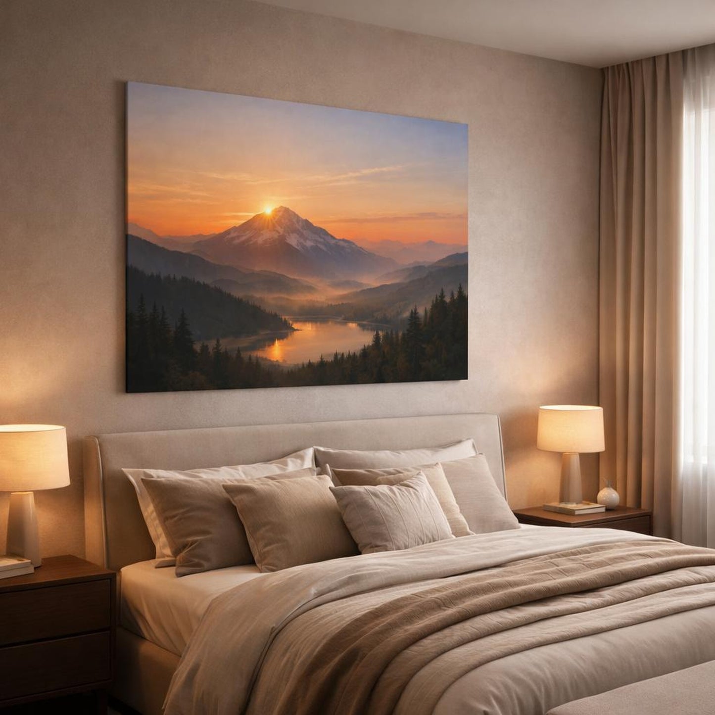 Landscape Mountain Sunrise shown as canvas wall art in a luxury bedroom