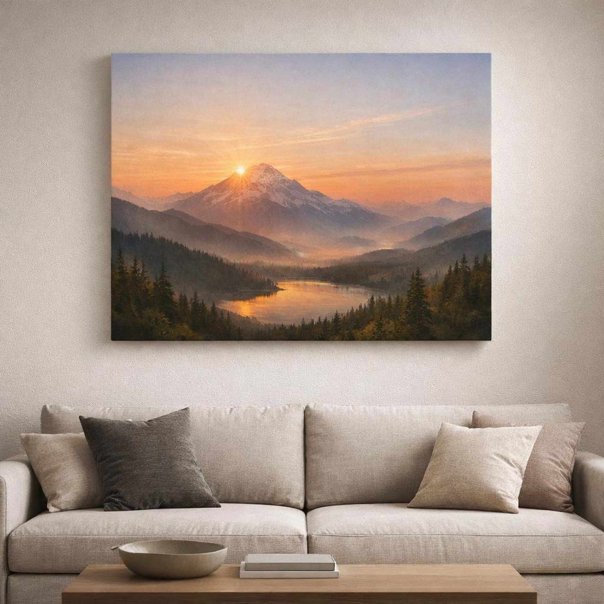 Landscape Mountain Sunrise shown as canvas wall art in a refined dining room